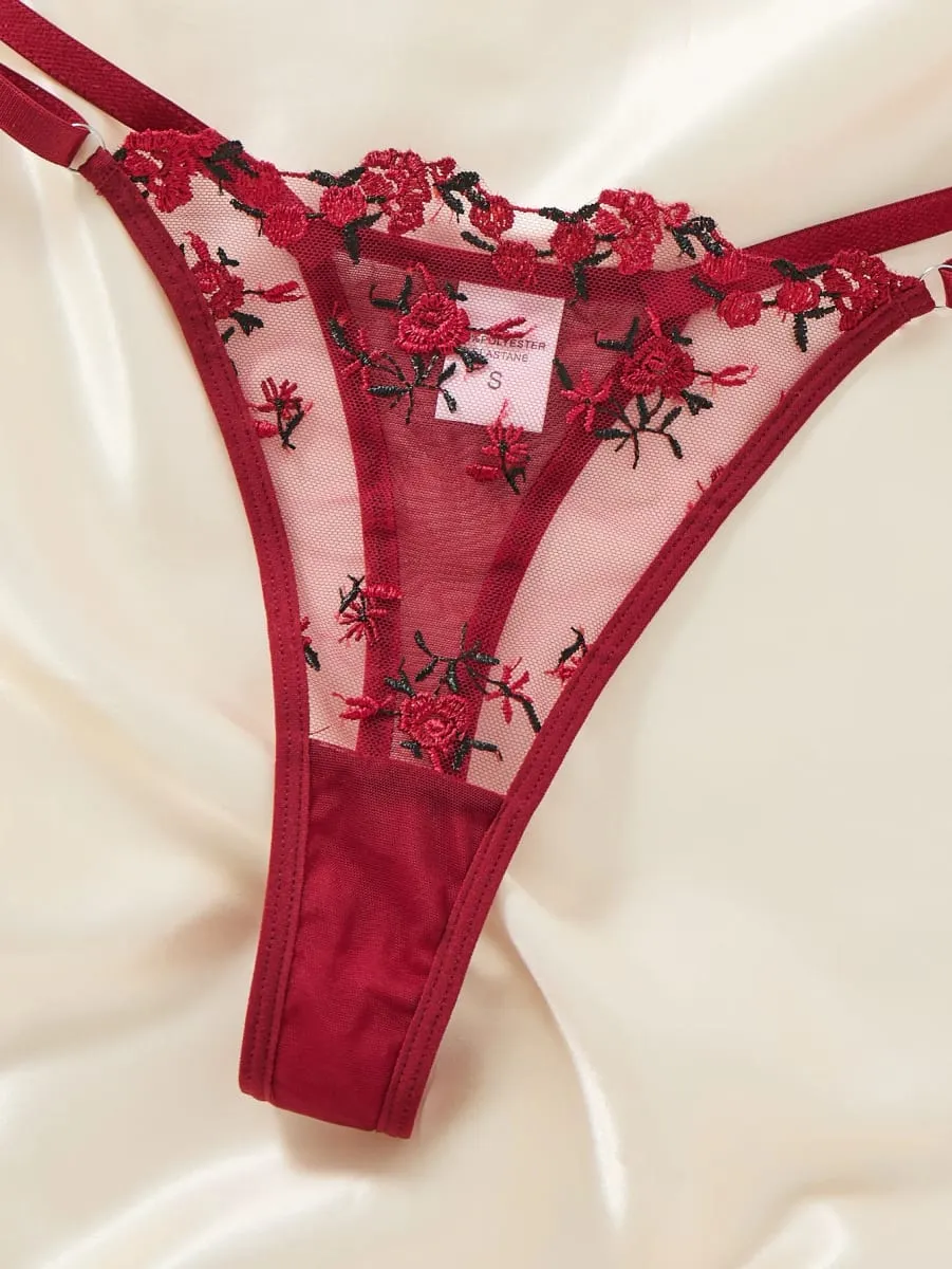 Vintage Wine Red Floral Lace Lingerie Set Thin Double Straps Sheer Transparent Mesh Bra Adjustable Briefs Boudoir
