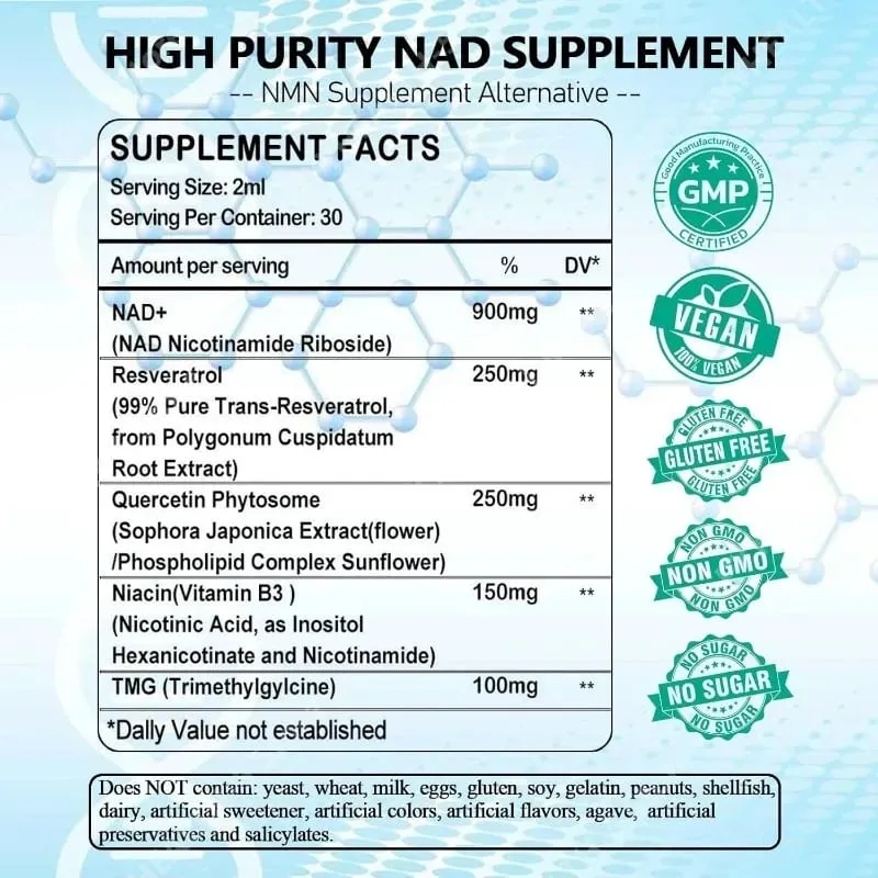 Liposomal NAD+ Supplement with Resveratrol Quercetin and Vitamin B3 – Supports Healthy NAD+ Levels and Cellular Health – 60ml