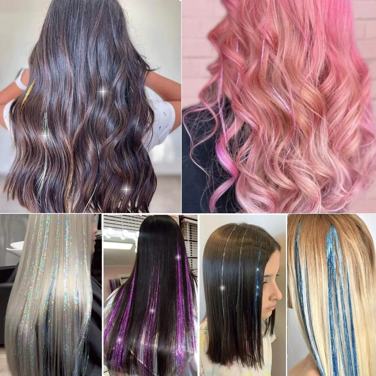 6/12Pas Synthetic Hair Tinsel Clip in 20Inch Glitter Tinsel Hair Clip in Hair Tinsel Kit Heat Resistant Shiny Sparkle Fairy Hair