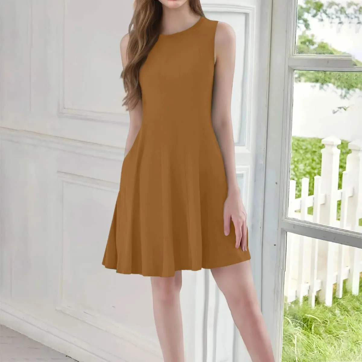 Đầm thanh lịch màu trơn cho nữ Váy mùa hè thời trang giản dị có túi Váy ngắn không tay cổ chữ O Trang phục đa năng cơ bản