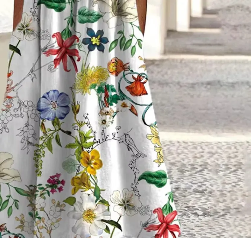 2026Summer New Arrival Women's Casual Crew Neck Pocket Short Sleeve Printed Dress