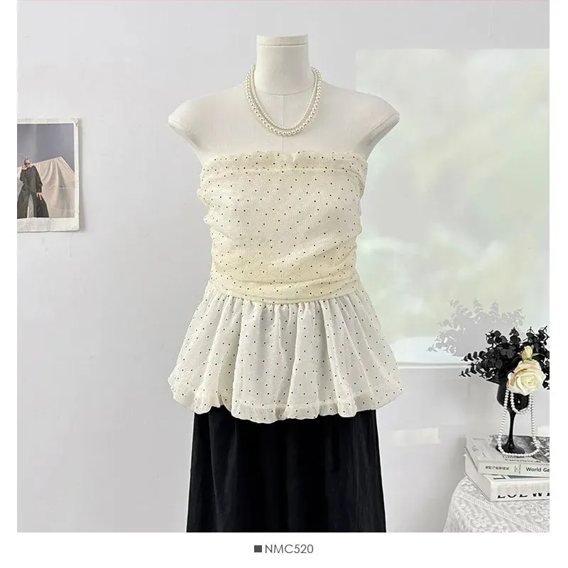 Sexy pleated dots Camis Chic tube top Slim Korean Tanks Top Elegant off shoulder Crop Top Summer Women Bustier