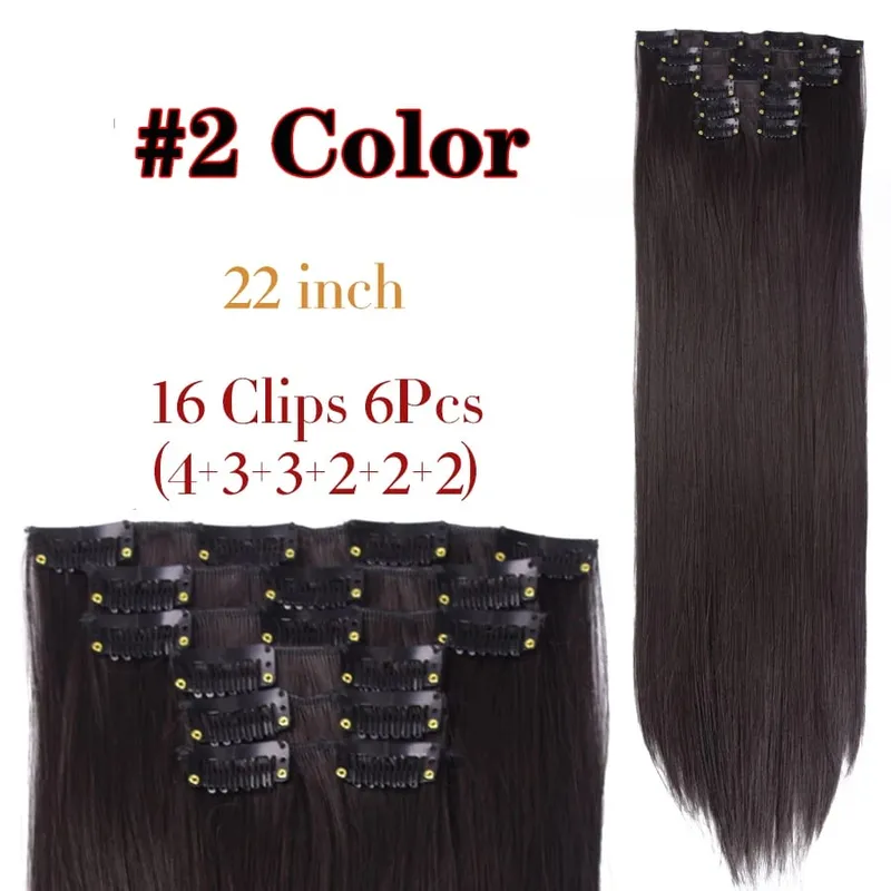 Black Clip In Extensions Straight 22" Long Synthetic Thick Clips On Hair Piece For Women 6Pcs/Set Curly Full Head Weddings Daily