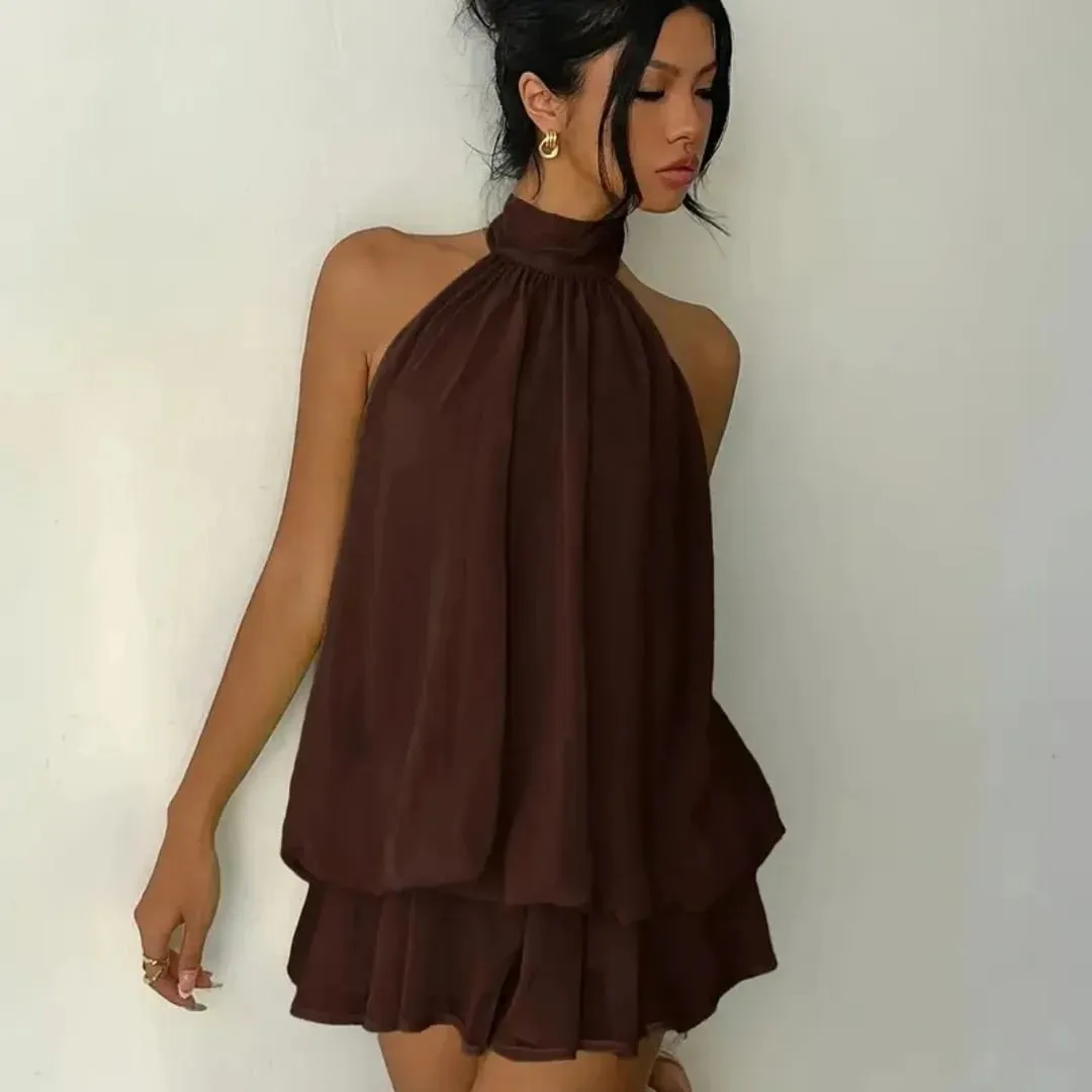 Women's Halter Neck Dress Sweet Backless Tie-Front Chiffon Sheer Mini Skirt Fashion Sexy Y2K Vintage Cute Party Birthday Dress