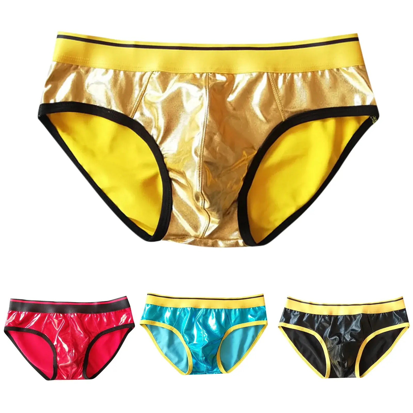 Mens Triangle Pants Faux Leather Sexy Reflective Gold Fun Underwear Elastic Tight Pants Cool Underpants Japanese Man Underwear