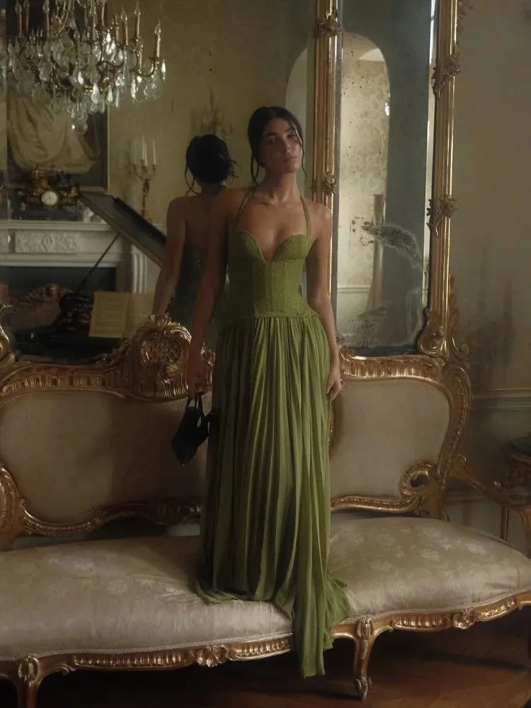 Chic Green Fishbone Halter Long Dress Lady Sexy Solid Backless Pleated Off-Shoulder A-Line Dresses 2026 New Christmas Party Gown