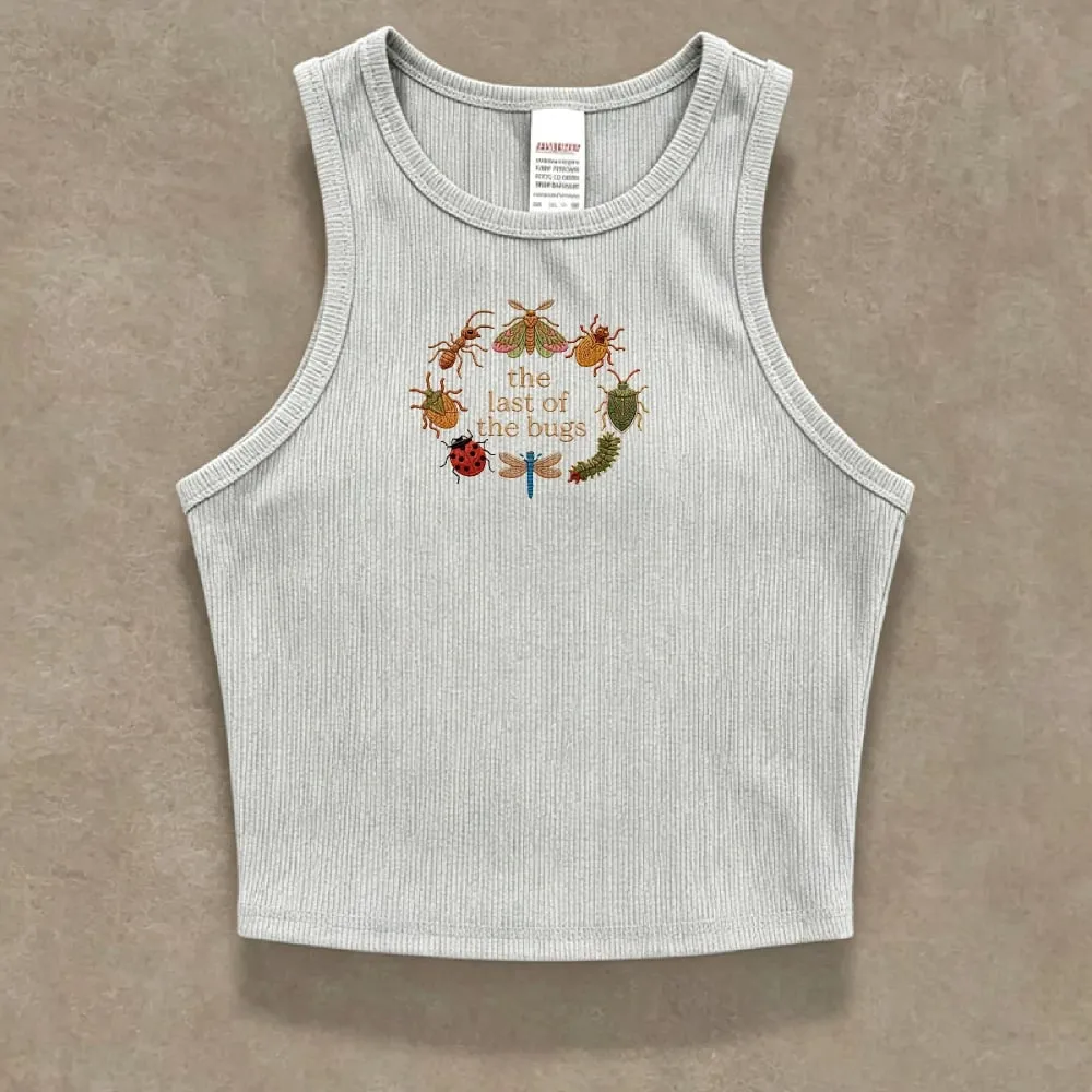 Cropped Ribbed Faux Embroidery Tee Shirt Y2K Cottagecore Insect Bug Print Vest Tank Top Summer Minimal Nature Gift for Her Lady