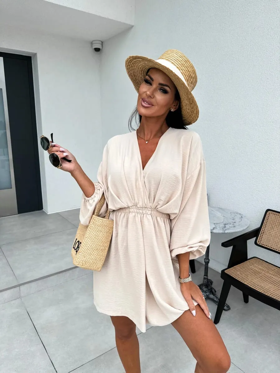 Casual Loose Women'S Dress 2024 Fashion Solid V Collar Puff Sleeve Mini Dresses Elegant Female Sexy Dress