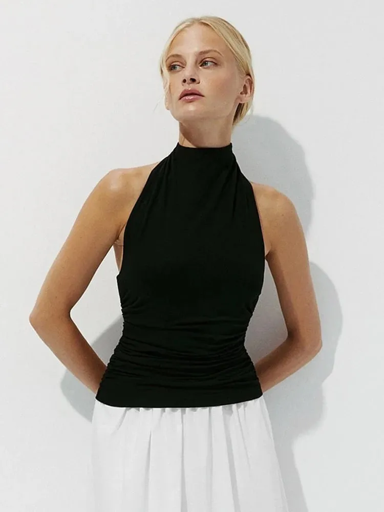 Sexy Backless Pure Color Summer New Women's Tank Top T-shirt Sleeveless Polyester Fiber Cross-Border Clothing