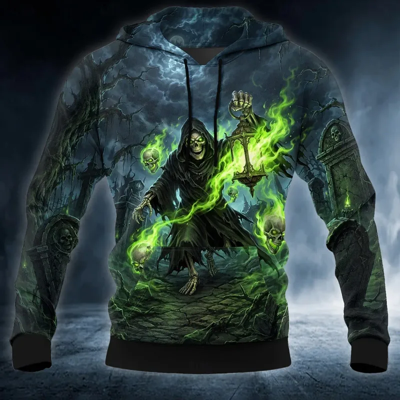 Men Gothic Werewolf Graphic Printed Hoodie Long Sleeve Pullover Sweatshirt Casual Full Moon Wolf Hooded Shirts Tops
