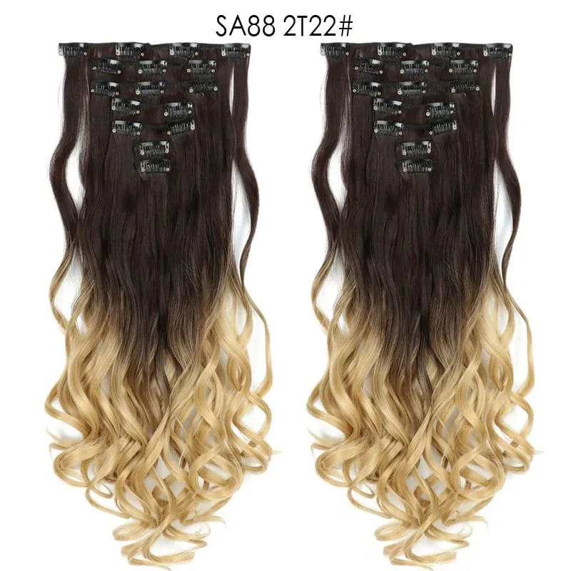 Clip in Long Wavy Synthetic Hair Extension 22 Inch 7PCS Thick Hairpieces Fiber Double Weft Hair for Women