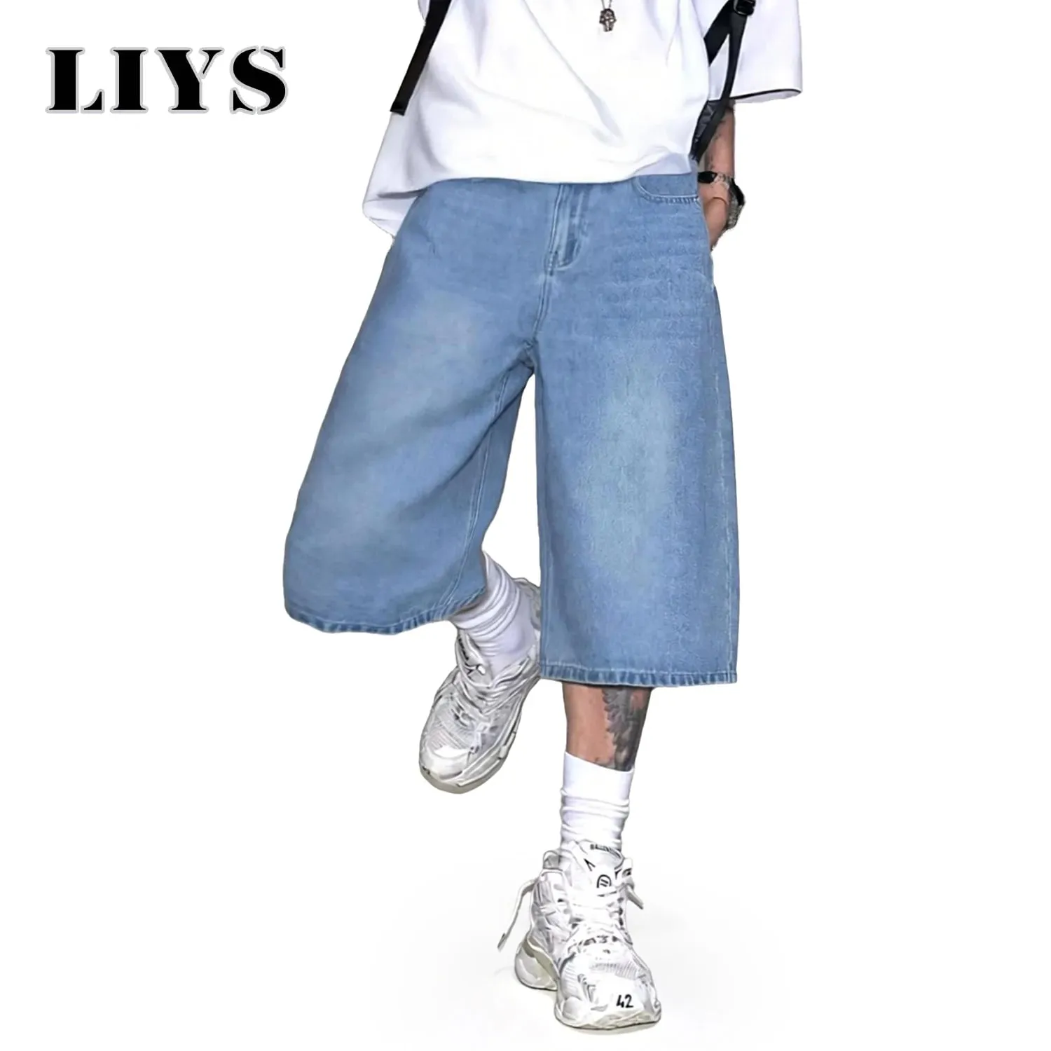 Men's Simple Light Blue Retro Ultra Baggy Wide-Leg Denim Shorts Student Youth Street Casual Oversized Baggy Jeans Unisex