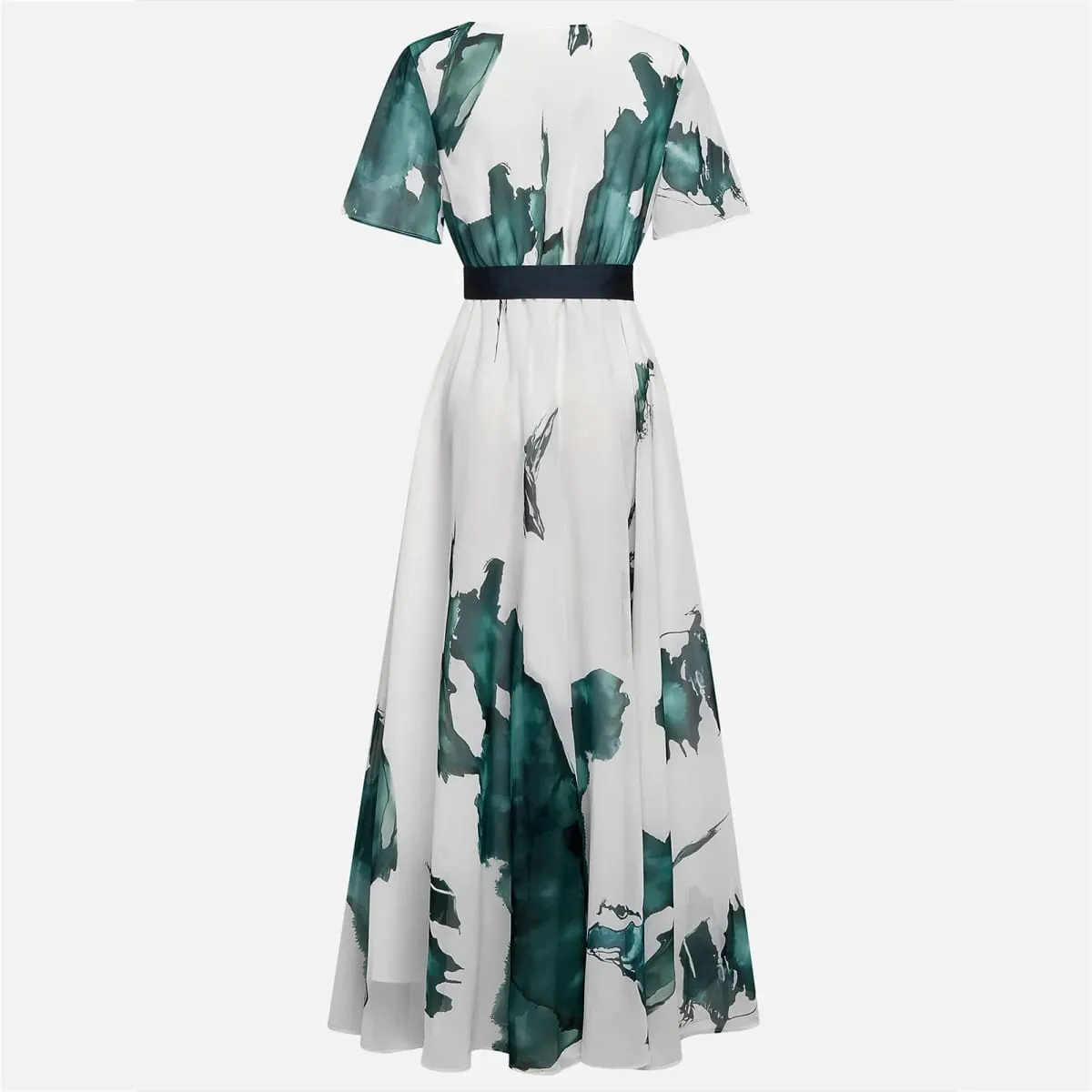Watercolor Printed Elegant Fashion Short-sleeved Maxi Dress for Women 2026 Summer V-neck Lace-up Pleated Party Dresses Female