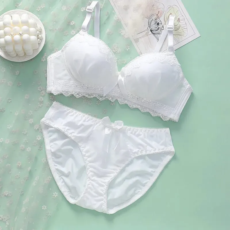 Summer New Sexy Women Bra Set Cute Fashion Wireless Gather Underwear Comfortable Panties Soft Push Up Top Lace Lingerie Set