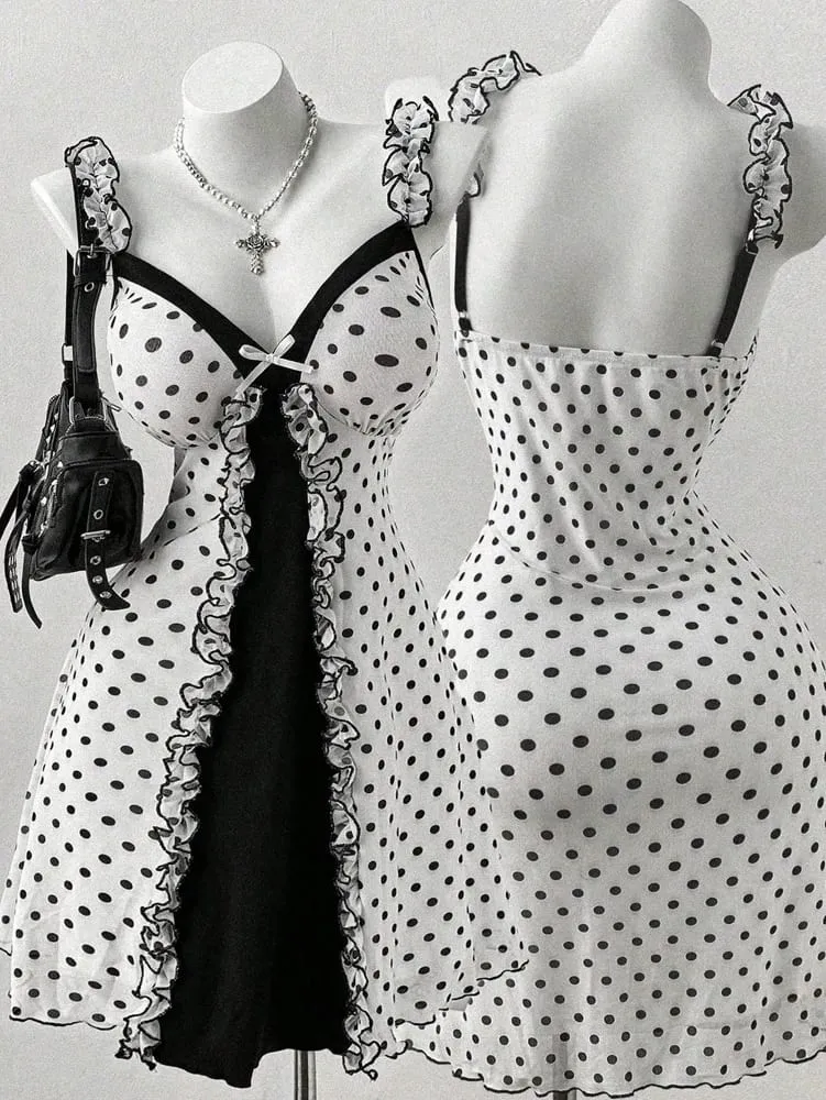 Plus Size Y2K Polka Dot Dress Ruffle Trim Bow Front Cami Mini Dress Sexy Sweet Coquette Style Party Dress for Women