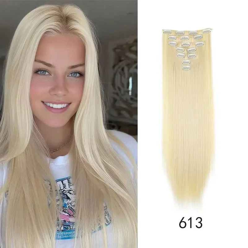 Synthetic 24inch Clips in Hair Extensions Long Straight Hairstyle Blonde Black Hairpieces Heat Resistant False Hair Daily Use