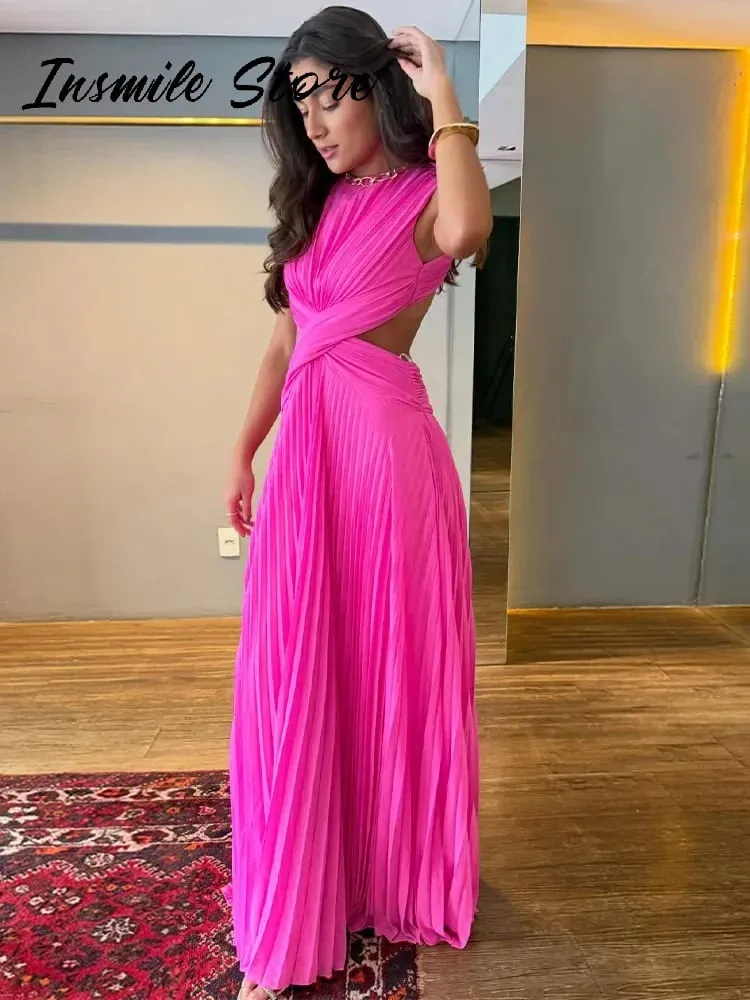 Sexy Hollow Out Long Party Dress Women Pleated Sleeveless Backless A-line Beach Dresses 2026 Summer Lady Chic Solid Holiday Robe