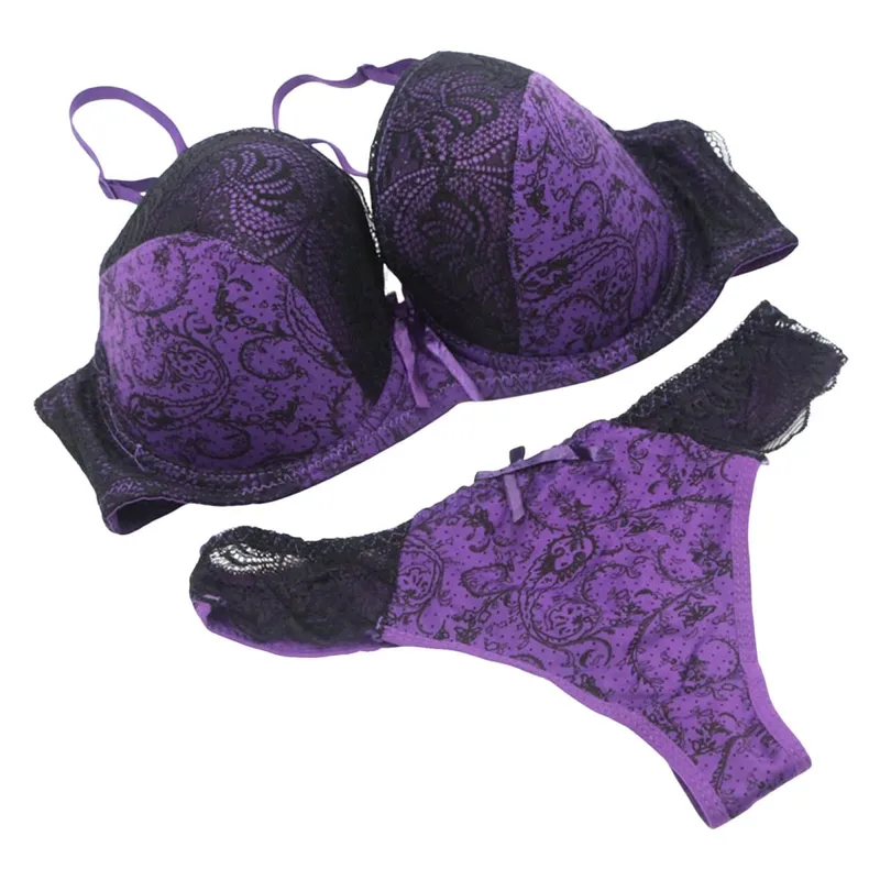 Women Color Block Floral Lace Print Bra Briefs Set Push Up Adjustable Support Sexy Thong Panties Daily Women Lingerie Set