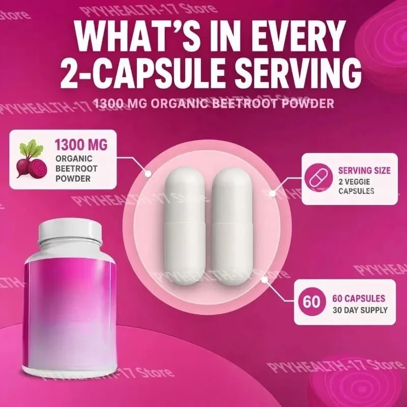 Beetroot Capsules Non-GMO Beets Support Healthy Circulation and Athletic Performance Organic Beetroot Powder 1300mg 60 Capsules