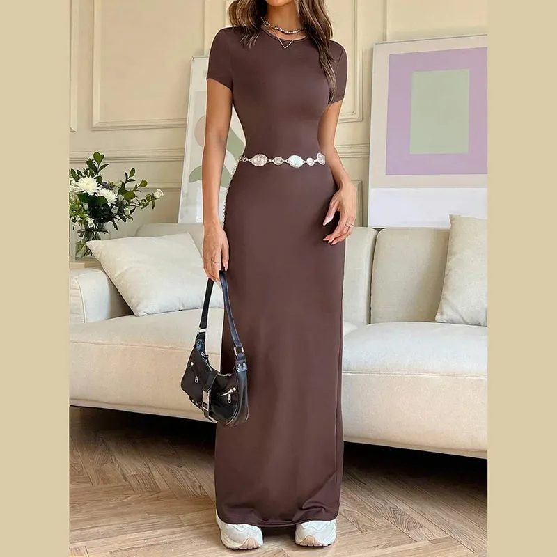 Women's Elastic Slim Fit Long T-shirt Dress Featuring Round Neck and Short Sleeves Suitable for Everyday and Special Occasions