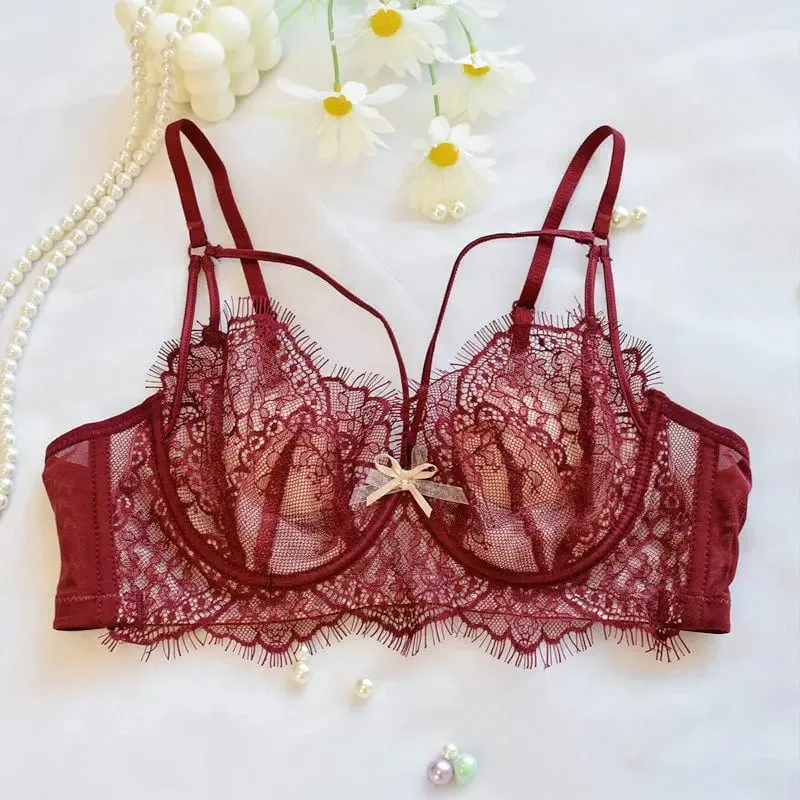 Korean Hot Trend Pure Desire Lace Bra Set Underwire Thin Cup Push Up Large Bust Visually Small Anti Droop Lingerie 32-38 Hot