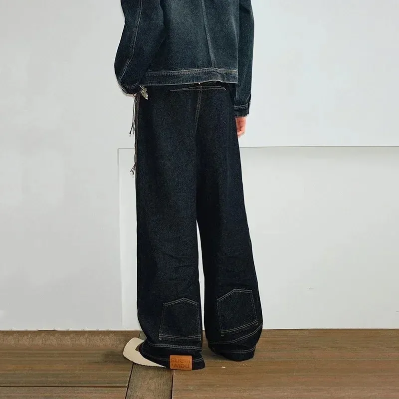 Jeans larghi alla moda da uomo autunno High Street Design con tasca inversa Pantaloni dritti a gamba larga in denim Tinta unita Y2K Vintage Jean