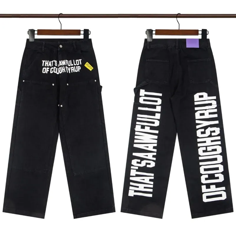 Vintage Trend THAT'S A AWFUL LOT OF COUGH SYRUP Jeans Streetwear Hip Hop Rhinestone Denim Trousers Men Women
