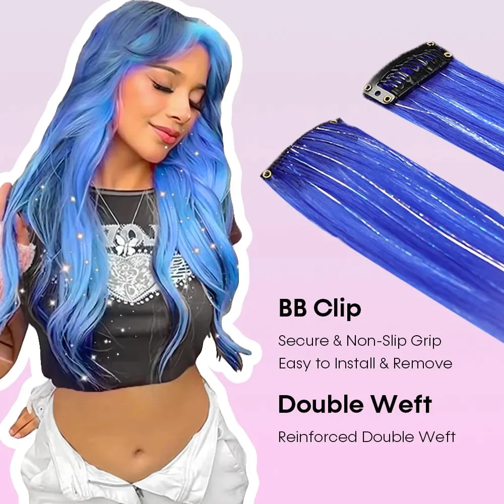 Synthetic 6pcs Clip in Hot Pink Hair Extensions Mix tinsels 22 Inch Colored Hair Extensions 2 in 1 Rainbow Hair