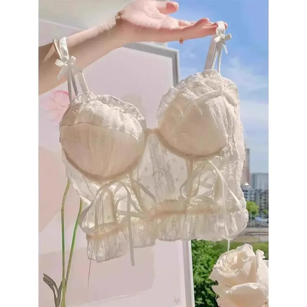 Womens Japanese Style Lolita Lace Tie‑Up Wireless Bra Anti Sagging Push Up Shaping Sweet Cute Lingerie 32‑38 Bra Set — image 4