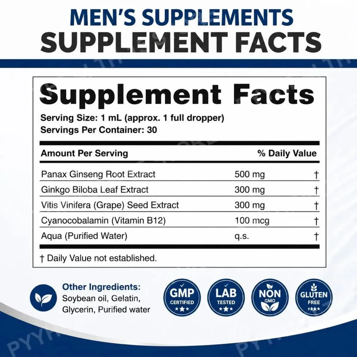 Men's Supplements Drops with Panax Ginseng Ginkgo Biloba Grape Seed and Vitamin B12 for Energy & Daily Vitality Support 30 ML