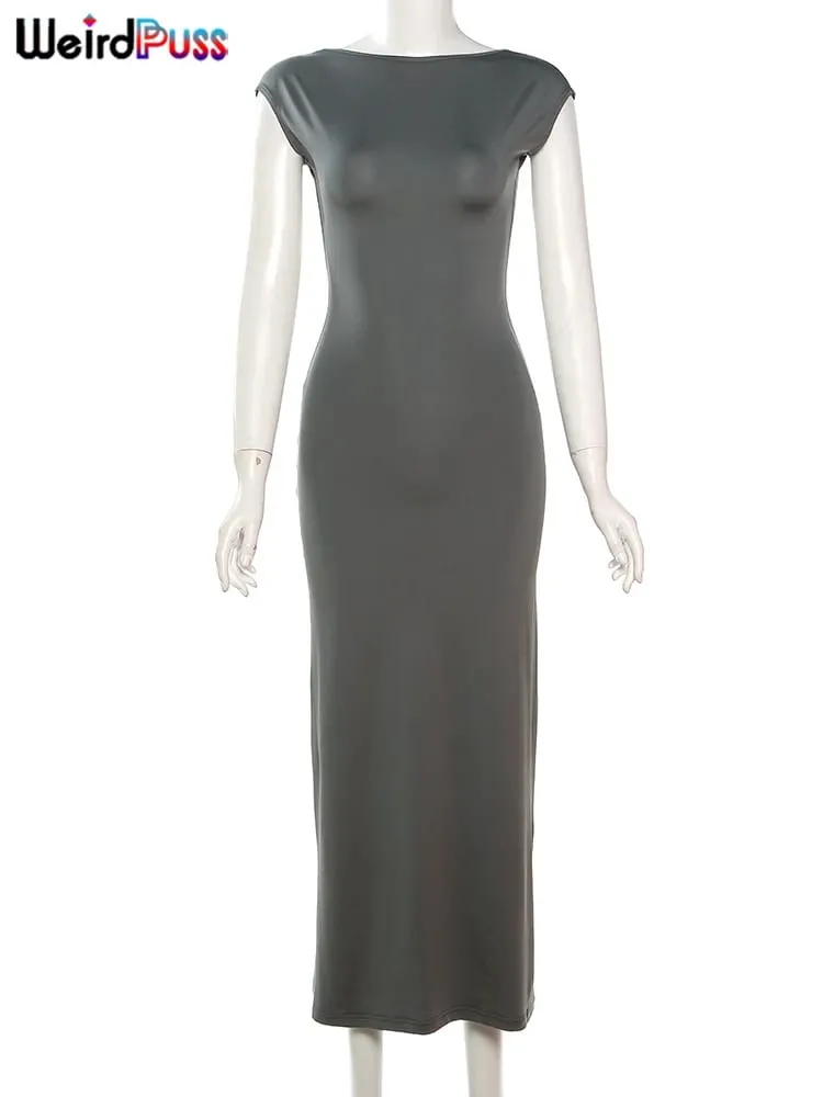 Weird Puss Backless Sexy Women Maxi Dress Short Sleeve Slim Fit Elastic Casual Solid Streetwear Club Party Ladies Summer Bodycon