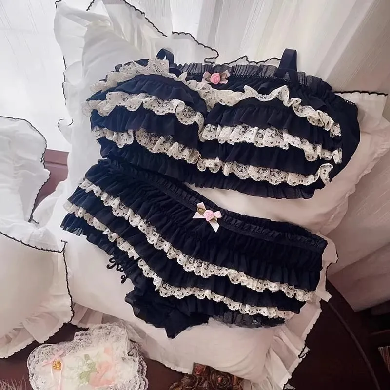 Japanese Sweet Lolita Style Bra Panties Lingerie Set Women Sexy Floral Lace Ruffles Briefs Kawaii Underwear Panty Intimates Sets