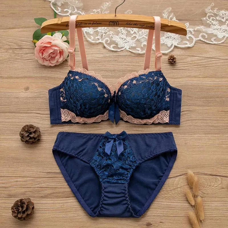 Women Underwire Sexy Lace Bra&Panty Shape‑Adjustable Push‑Up Bra For Small Bust Young Girls Anti‑Sagging Support Lingerie Set
