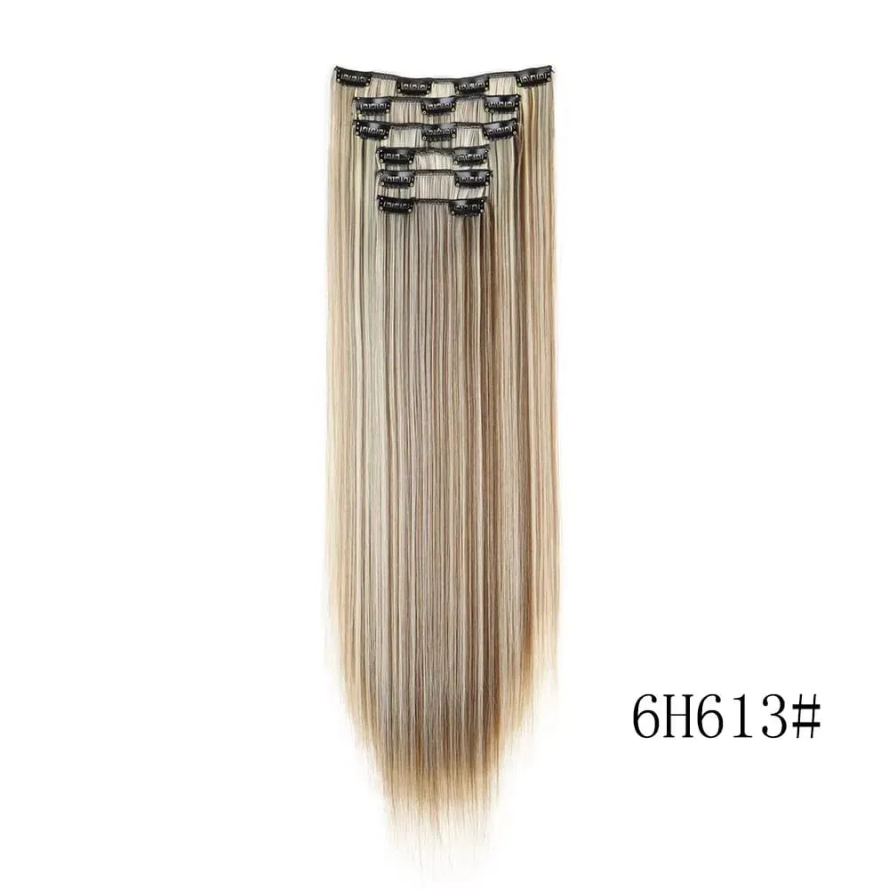 24 Inches Long Synthetic Hairpieces for Women 6Pcs Medium Brown Blonde Highlights Clip In Natural Thick DIY Styling Fiber Hair