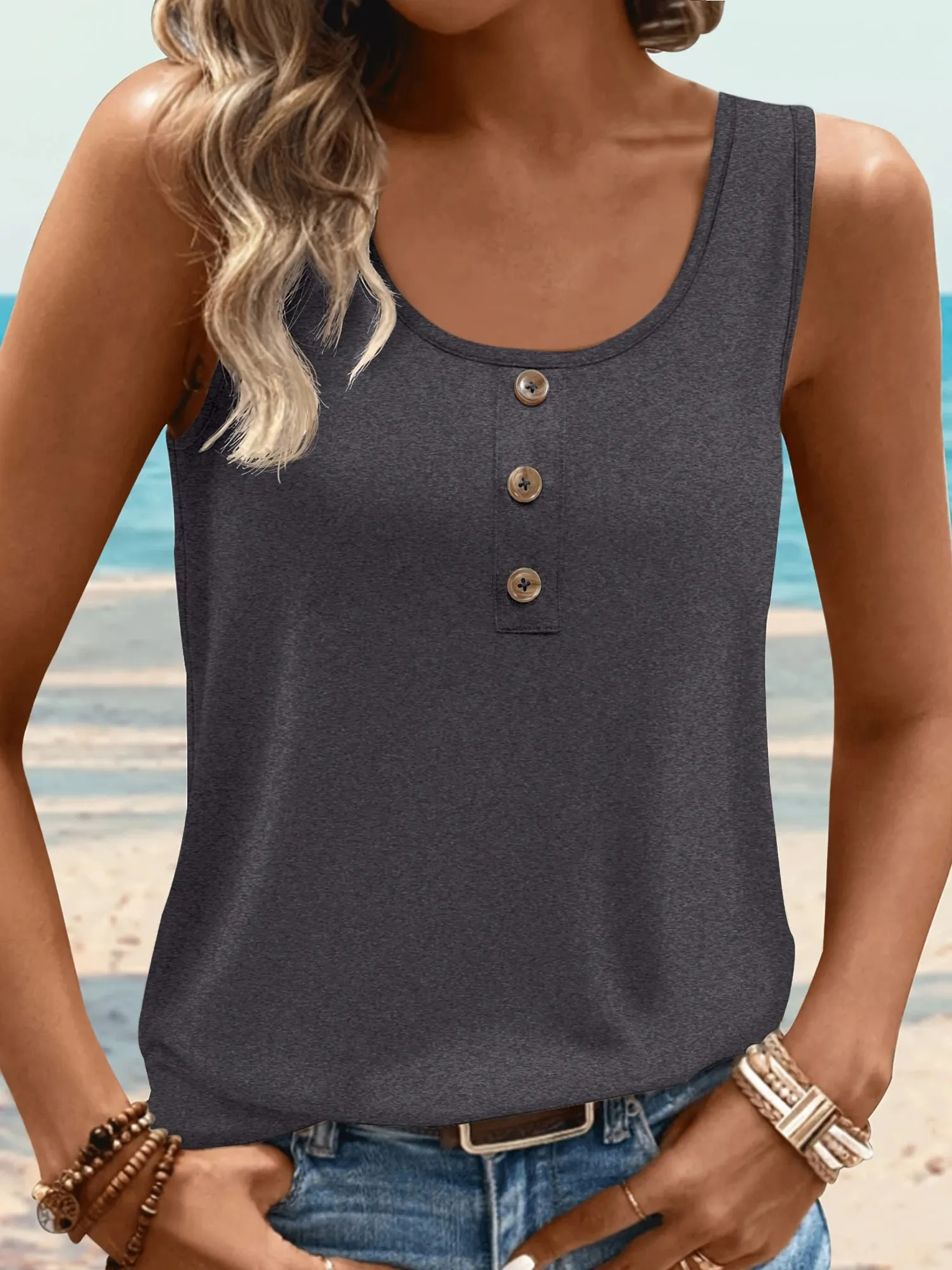 U Neck Sleeveless Henley Tank Top with Front Buttons Relaxed Fit Basic Cami for Women All Seasons Daily Wear
