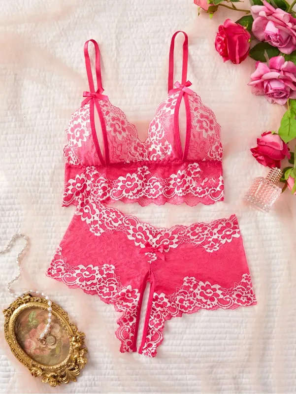 Women RedBra And Panty Set Underwear Lace Trim Sleepwear