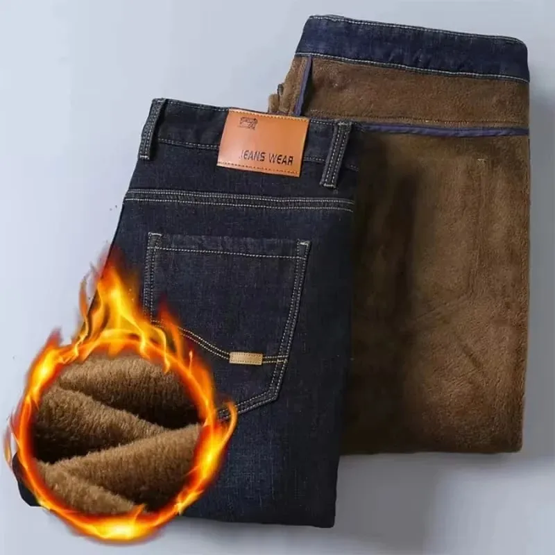 Men's Reflective Fleece-Lined Jeans - Thick Warm Lining Durable Denim & Reflective Trim Safe for Winter Night Commute & Casual