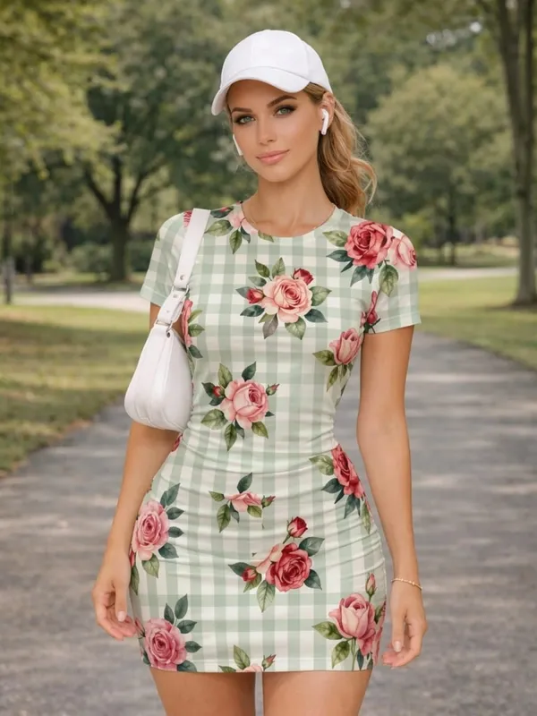Womens Short Sleeve Bodycon Mini Dress Slim Fit Crew Neck Floral Print Casual Summer Party Lightweight Elegant Clubwear Sundress