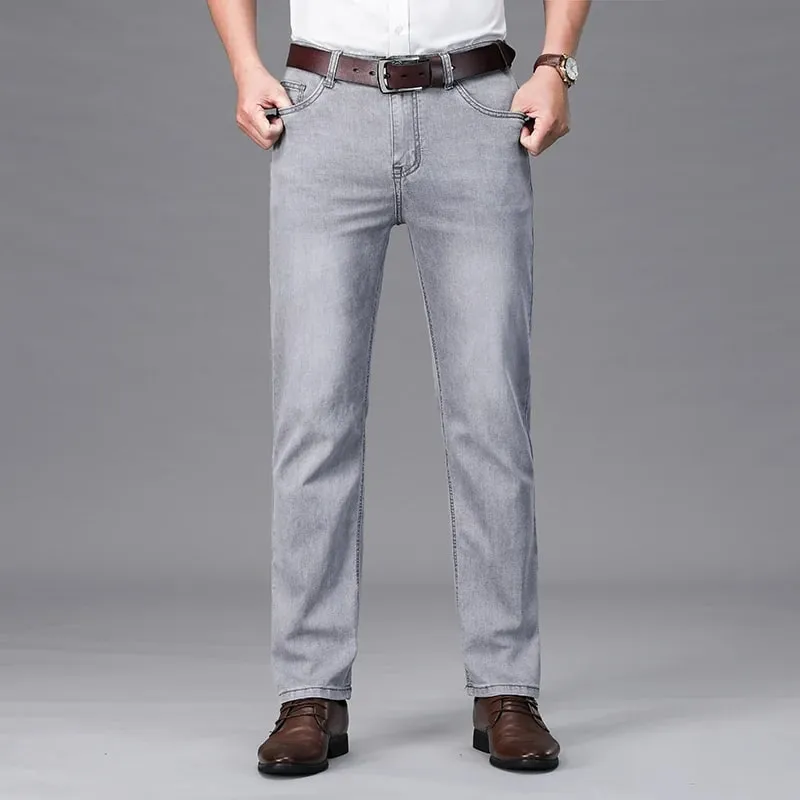 2026 Summer Brand Business Casual Men's Straight Denim Softener Lightweight Jeans Classic Embroidered Cotton Stretch Thin Pants