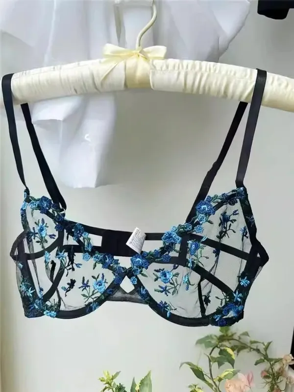 Elegant Lingerie Set-Floral Embroidery Semi-Transparent Bra & Brief Black Sensual Women's Underwear Luxury Intimates