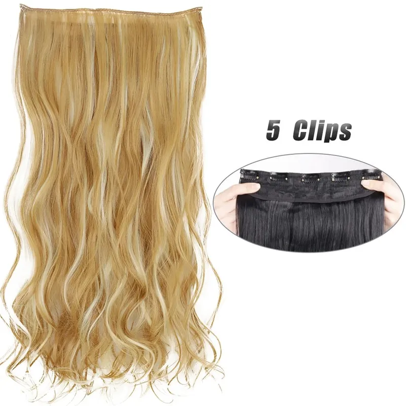 Long Wavy 5 Clip In Hair Extension Mga Synthetic Fiber Hairpieces na 22/32'' Black Blonde Mixed color False Hair Daily Use
