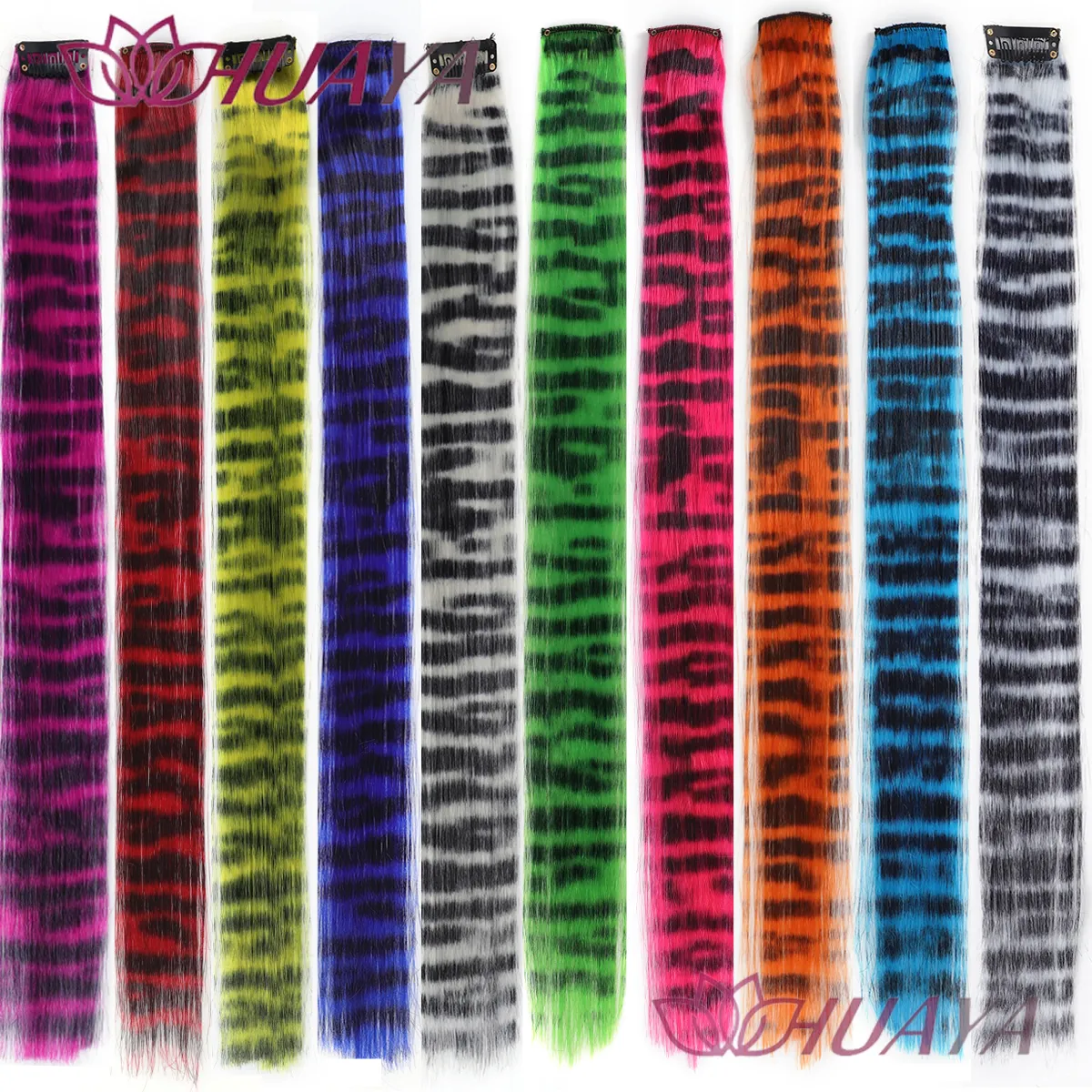 คลิปสังเคราะห์ในการต่อผมที่มีสีสันปลอมผมคลิปในชิ้นเดียววิกผมสำหรับผู้หญิง Y2K ที่มีสีสันต่อผมเสือดาว