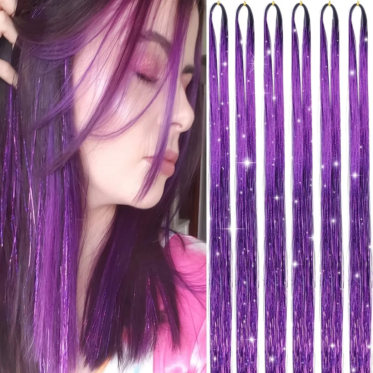 6pcs 22inch Colorful Glitter Tinsel Hair Extensions Fairy Hair Extension Hair Extension Tinsel Glitter Hair Synthetic Extensions