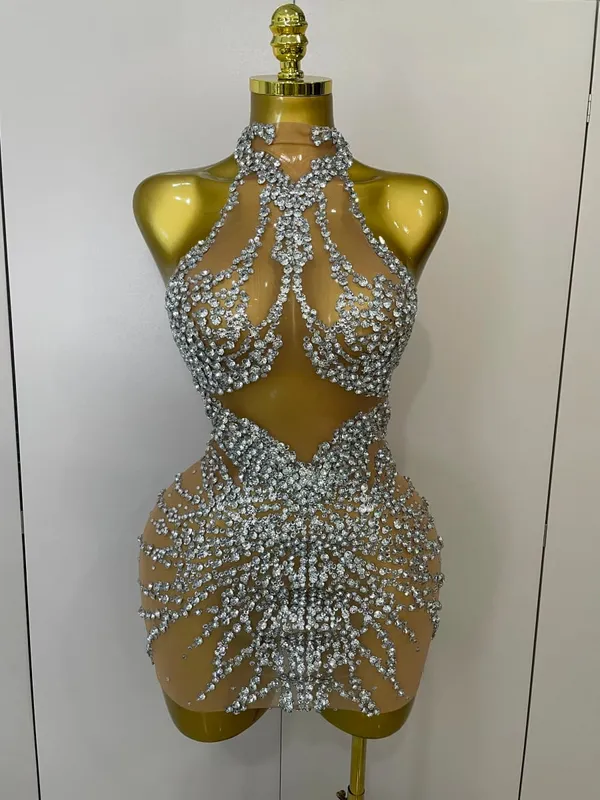 Funkelnde Strasssteine ​​Sexy Mesh Durchsichtiges Kleid Party Abend Abschlussball Feiern Geburtstagskleid Sänger Tänzer Show Bühnenkleidung