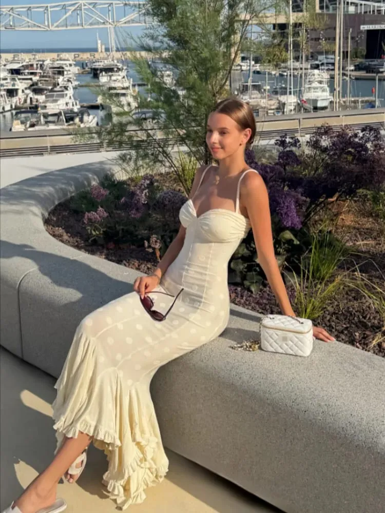 Women's Polka Dot Mermaid Maxi Dress Spaghetti Strap Twist Bust Ruched Bodycon Long Dress Elegant Ruffle Hem Party Club Outfits