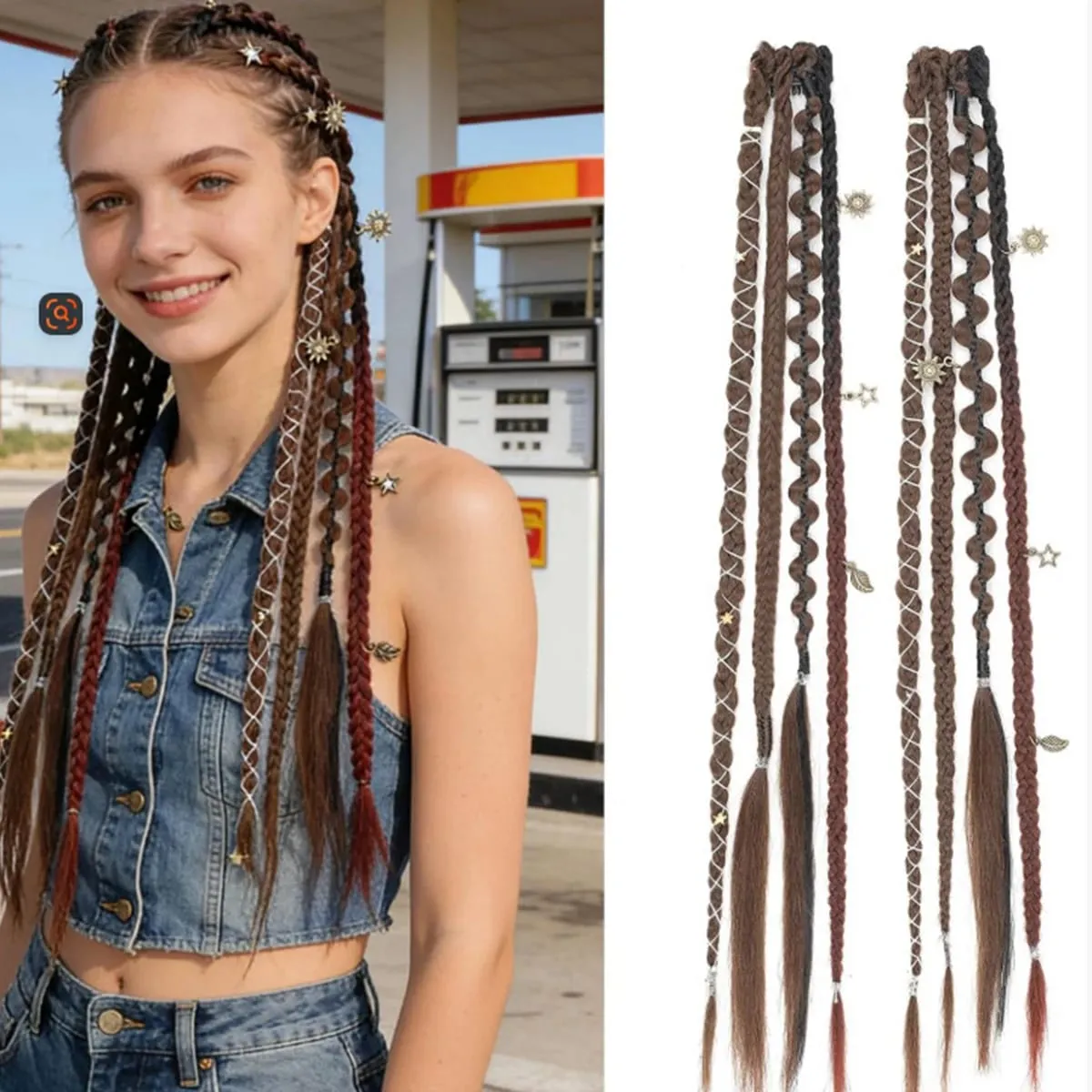 2PCS Synthetic 20Inch Bohemian Braided Ponytail Hair Extensions With Metal Charms Brown Mix Burgundy Handmade Box Braid Ponytail