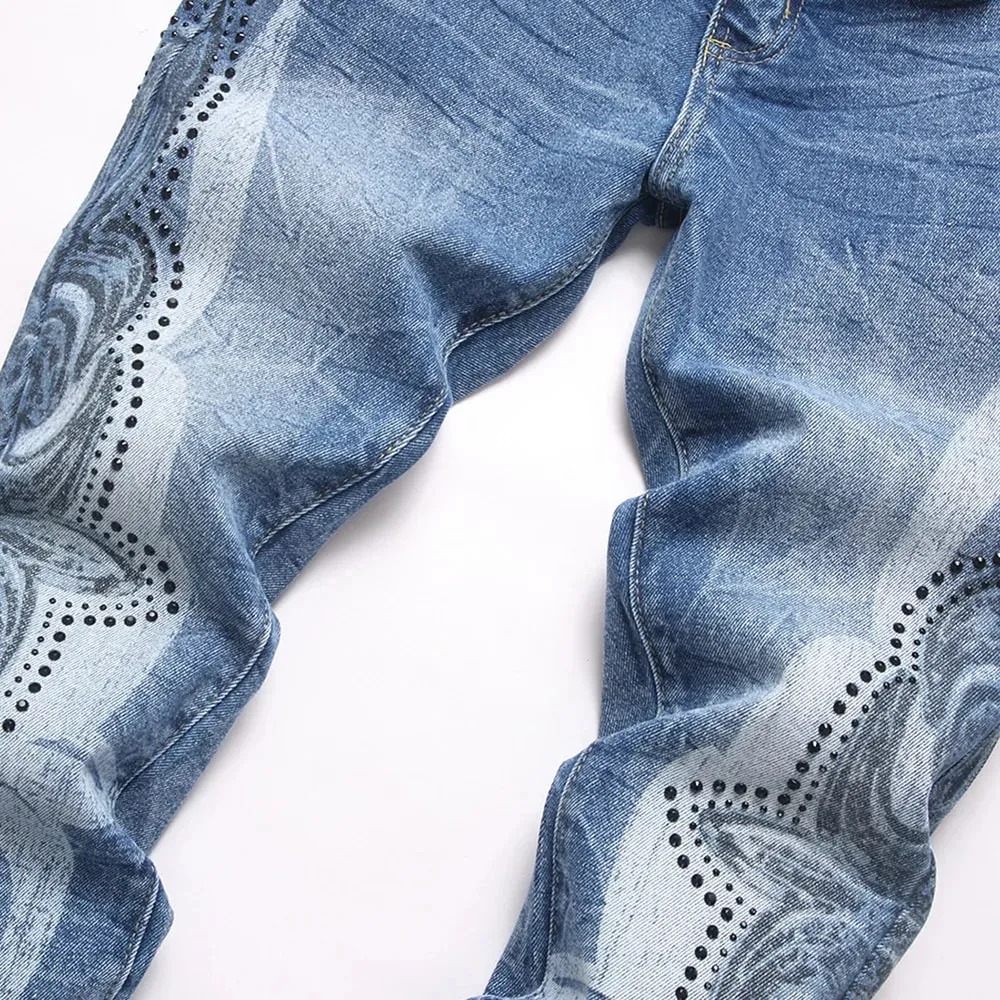Men's Boot Cut Denim Jeans Streetwear Rivet Crystal Rhinestone Printed Pants Slim Flared Blue Stretch Trousers