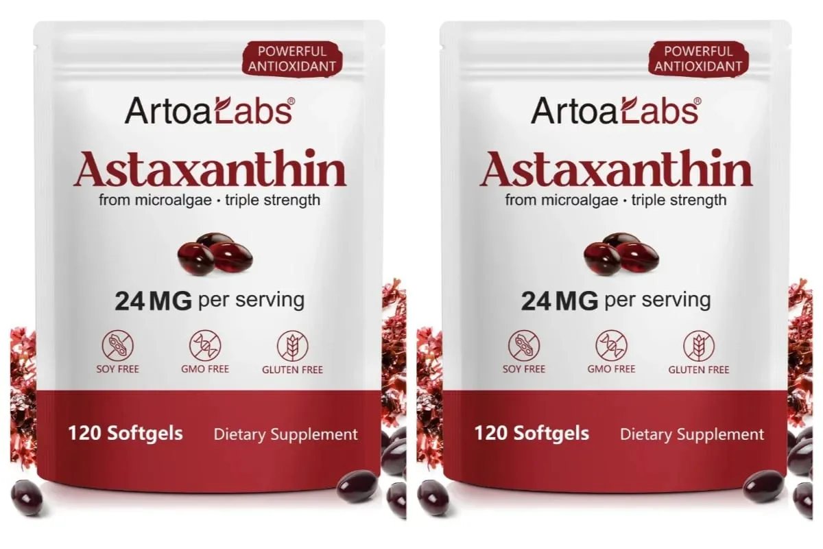 Astaxantina Softgels 24mg Tripla Força Poderoso Antioxidante Suporte à Saúde dos Olhos Microalgas Sem Soja Sem Glúten 120 Contagens