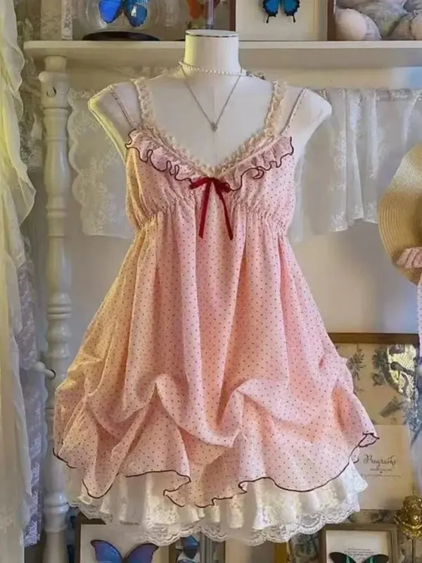 Japanese Style Sweet Lace Bow Kawaii Lolita Dress Women Vintage Ruffles Cake Dresses Harajuku Y2k Slim Bandage Dress 2026 Summer