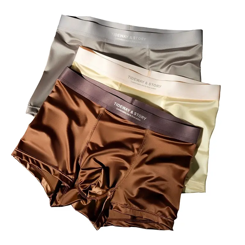 4PCS Seluar Dalam Lelaki Sutera Ais High-End Lelaki Cahaya Mewah Sutera Satin Sudut Rata Bernafas Seluar Pendek Empat Penjuru Tanpa Tanda